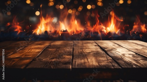 Empty wooden table with blurred burning fire