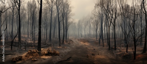 Burnt forest with surviving trees in Lugo, Galicia, Spain.