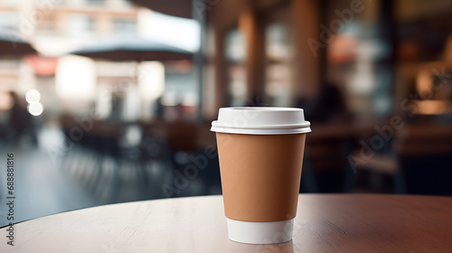 Take out coffee cup mockup on a blurred background. Paper cup for coffee to go on wooden surface close up.