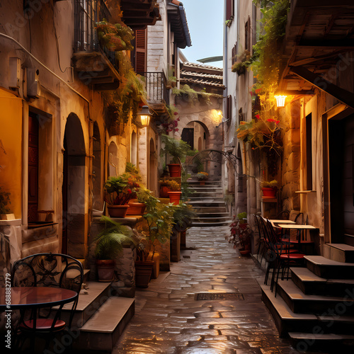 A quiet alleyway in an ancient European town.