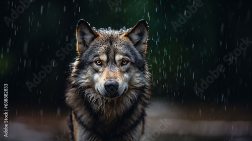 雨に濡れながらカメラ目線の一匹狼の上半身の写真、コピースペース有り