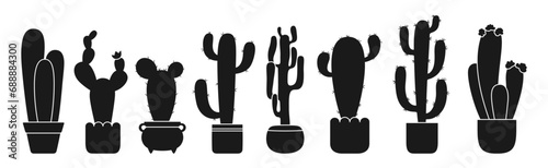 Cactus in flowerpot silhouette cartoon set. Shadow house plants with pot collection isolated. Various mexican shape cacti for stamp, print engraving, stencil. Home plants decor vector illustration