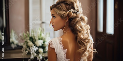 A bride in an elegant hairstyle and dress, gazing out a window. Suitable for wedding, beauty, and bridal editorial content.