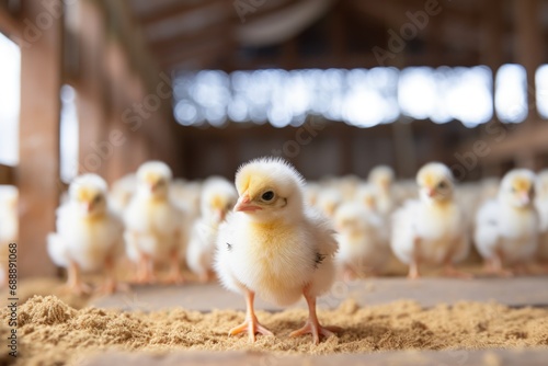 Ground-Level Haven: Aviary Hosting Yellow Chicks, Raised in the Open Air Environment of the Poultry Farm.