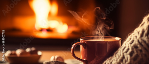 Delicious cup of hot chocolate and a plate of snacks. The image is warm and inviting, focusing on the cup of cocoa and the fireplace in the background. Cold day concept