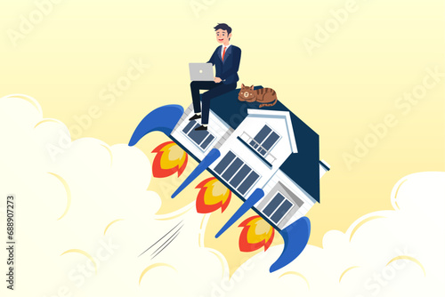 Productive man worker using computer laptop on flying house with rocket booster, boost productivity working from home, motivation to increase efficiency working at home in COVID-19 lock down (Vector)