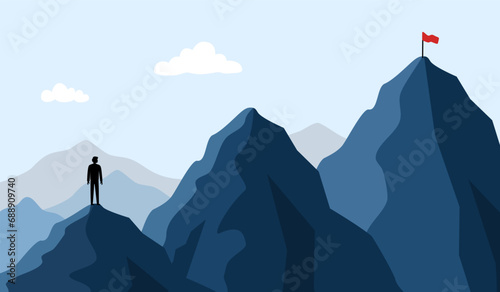 Man walking to the success flag on top of the mountain in flat design. Symbol of the startup, business finance, achievement and leadership concept vector illustration.