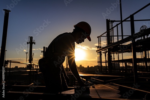 worker in silhouette carrying equipment at a construction place
