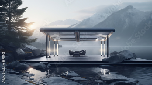 Modern designer pavilion at the lakeshore. Recreation area, comfortable veranda with armchairs and table in a beautiful remote area near mountains. Contemporary architecture.