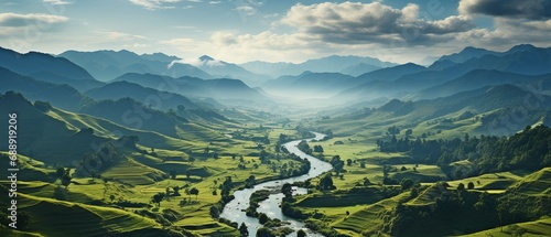 An elongated and verdant rice field from above..