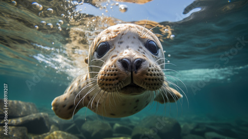 Close-up of a baby harbor seal pup underwater
