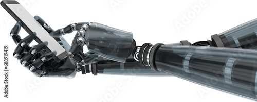 Digital png illustration of robot's hands using smartphone on transparent background