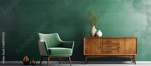 Trendy living room with wooden commode, Scandinavian sofa, and emerald armchair.