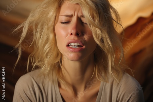 A blond woman crying.