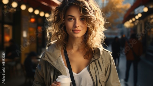 Beautiful young woman with a glass of coffee to go in a big city, woman drinks coffee on the go