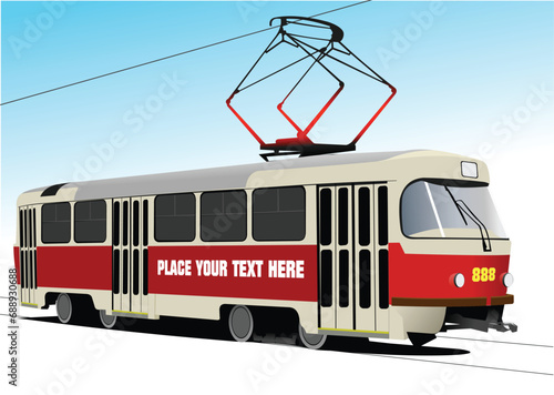 City transport. Tram. Colored Vector 3d hand drawn illustration