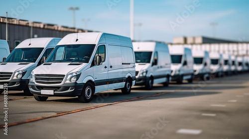 White cargo vans parked at warehouse.