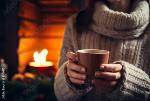 close up of Woman's hands in a cozy winter home with a cup of hot drink in her hand, AI Generated Images