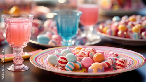 A festive table with colorful candies and drinks on vibrant tableware