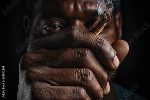 Closeup of a black man's hand holding a fuming cigarette.