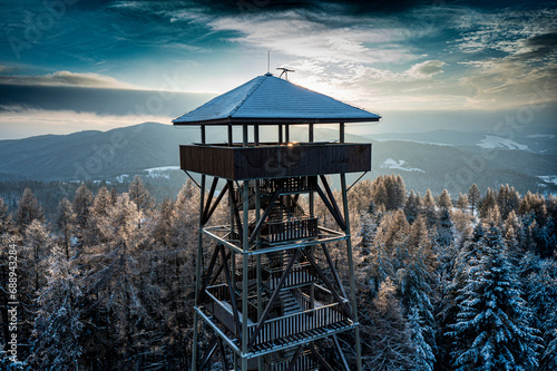 Beskid Sadecki, malnik mountain, observation tower, winter afternoon, sunset-Beskid Sądecki, gora malnik, wieza widokowa, zimowe popoludnie, zachod słonca