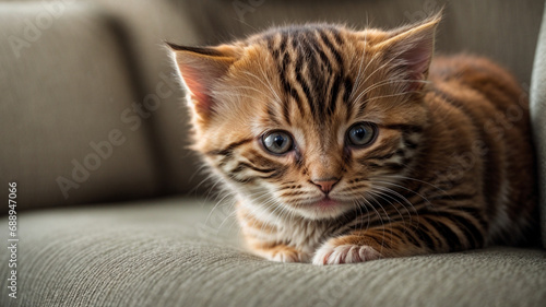 Close-up view of an adorable kitten perched on a couch