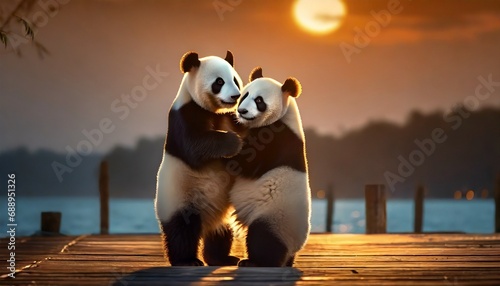 Panda Couple Having a Romantic Moment on a Pier