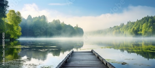 Peaceful water surrounds a calm lake in Bombannes, France, where a wooden pontoon is situated.