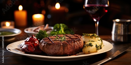 Steak dinner with red wine ready in a warm, cozy restaurant