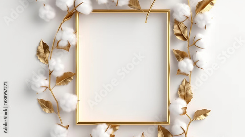 Square golden frame made of golden cotton buds in white background. 