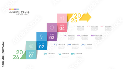 Business step timeline infographic arrow template. Modern milestone element timeline diagram calendar and 4 quarter topics, vector infographics.