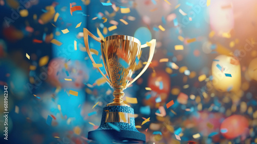 Golden trophy cup with confetti and bokeh background.
