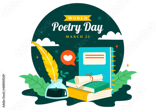 World Poetry Day Vector Illustration on March 21 with a Quill, Ink, Paper, Typewriter and Book to Writing in Literature Flat Cartoon Background