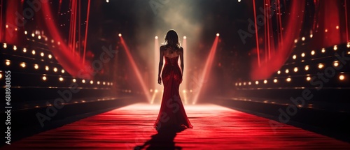 Elegant woman in red dress walking on stage with spotlight. Performance and glamour.