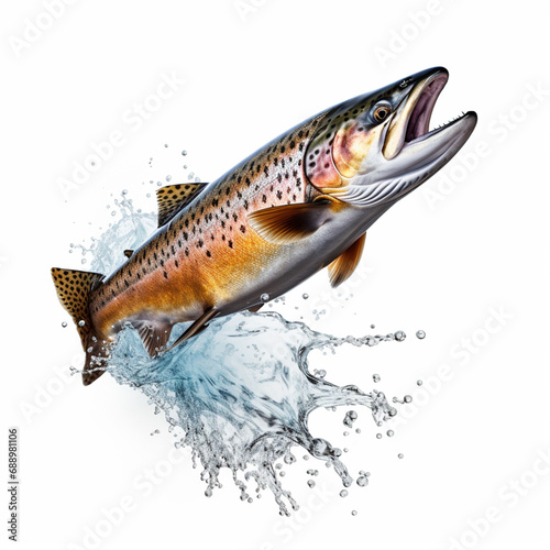 Atlantic Salmon fish jump pose isolated white background, ai technology