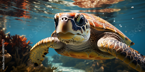 Oceanic Elegance: Tranquil Turtle Glides. Nature's Ballet: Turtle Ballet in Blue Waters