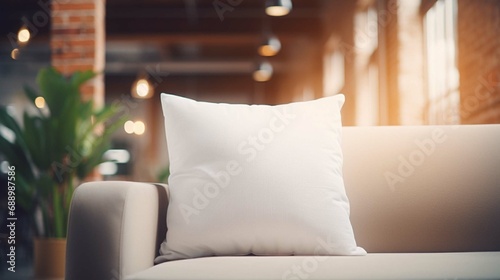  white polyester pillow close up with no print, on a glam and modern style neutral-color sofa, with an elegant modern blurred background that includes a lamp and a plant, hyperrealistic style