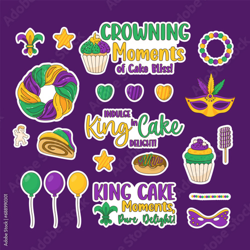Mardi Gras carnival stickers set. Festive King Cake, cupcake and donuts with colorful icing, baby Jesus toy, balloon, candy, masks, necklaces and holiday phrases. Isolated Vector illustrations