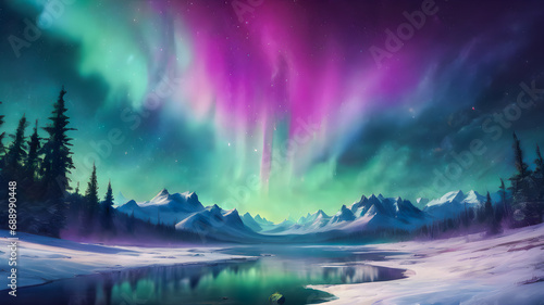 Aurora borealis, northern lights and snow-capped mountains