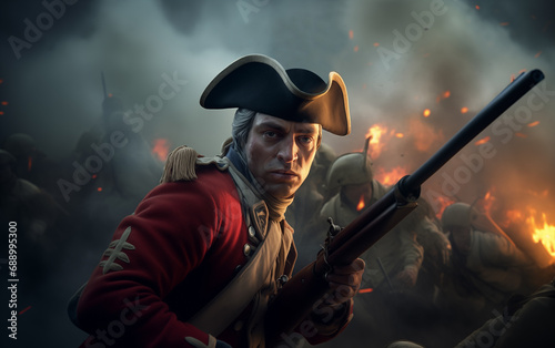 Hyperealistic portrait of English soldier in red uniform with musket in midst of battle