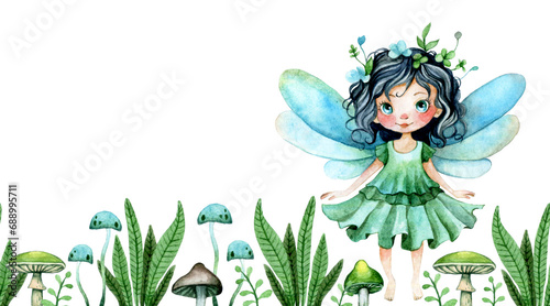 cartoon, cute little forest fairy. seamless border, frame, mushrooms and forest herbs. collection for scrapbooking, watercolor drawing