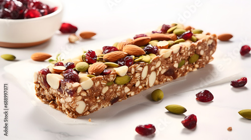 Homemade organic granola protein bar with oats and seeds for breakfast white background.Macro.AI Generative