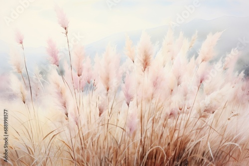 watercolor pampas grass outdoor in light pastel colors. Grass flowers field, White grass in nature with sunlight. 