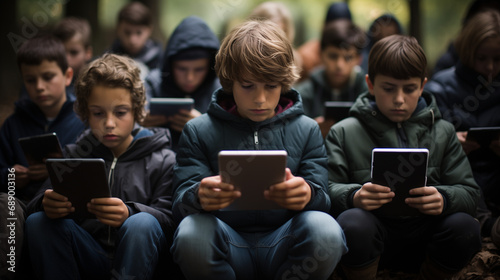 Technology danger and warning. Hypnotized school kids looking at their mobile or tablet device. Where is our world going? Abstract dark futuristic view of children in the near future