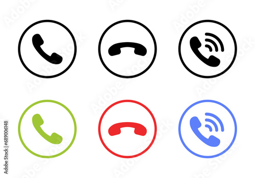 Accept and decline incoming call icon on circle line. Answer, reject, and handset vector