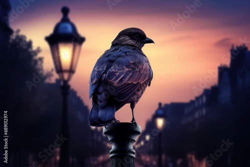 Urban nocturnal majestic bird on illuminated street. Dark bird beak sitting on street architecture. Generate ai