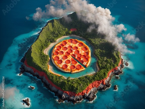 A gigantic dish of pepperoni and melted cheese pizza that resembles an island