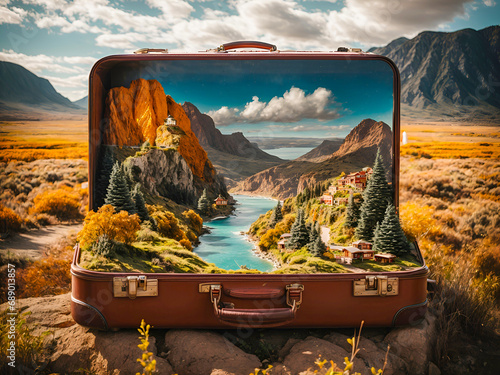 An open suitcase with miniature landscapes inside, representing travel dreams