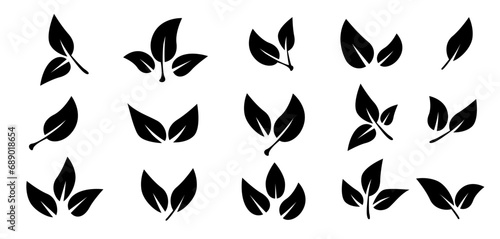 Set of black leaf icons. Leaves of trees and plants. Leaves on white background. Ecology. Vector illustration.