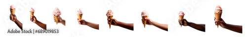 big set with female, male and kids hand holding an ice cream waffle cone with ice cream isolated on transparent background cutout.